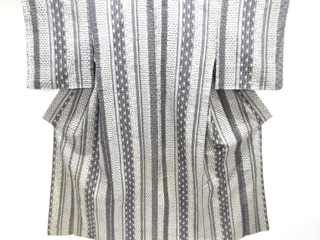 JAPANESE KIMONO / ANTIQUE STRIPE / ASANOHA PATTERN WOVEN- TSUMUGIHITOE